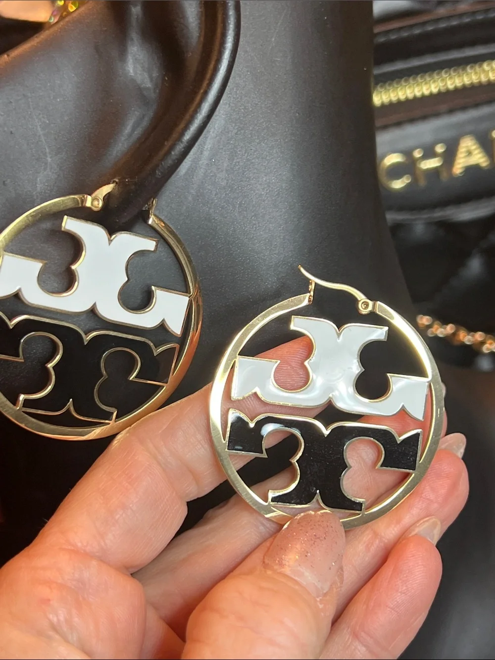 Gold-Tone Hoop Earrings with Black & White Enamel Accents